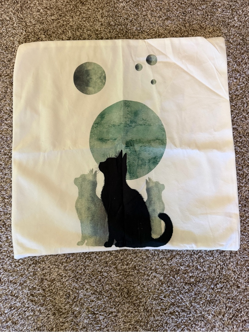 Black Cat Watercolor Throw Pillow Cover with Green Moon Design and hidden zipper